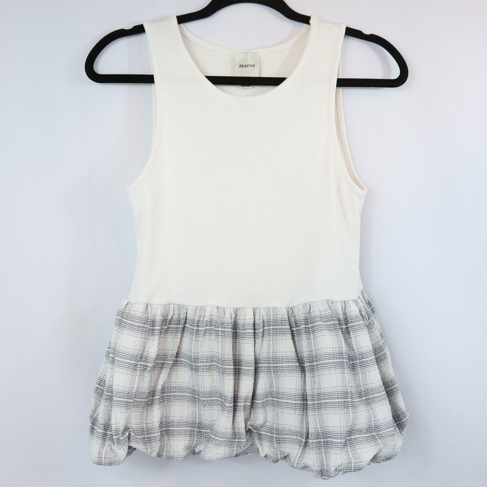 Anthropologie Maeve White Bubble Peplum Tank Top Plaid Preppy Size M